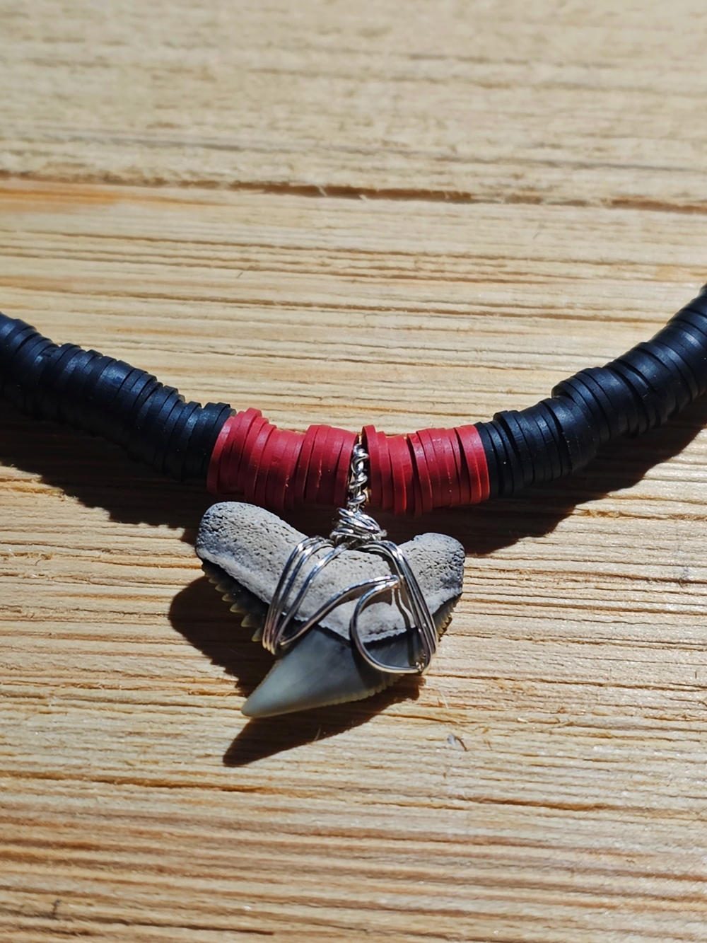 Handmade Black and Red Polymer Clay Beaded Shark Tooth Necklace